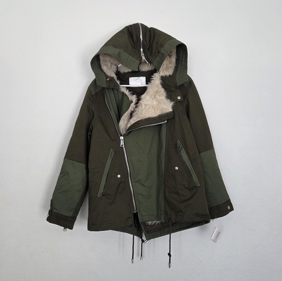 Zara Woman Outerwear Two Tone Olive Green Hooded Parka Jacket Size Small - Picture 1 of 9
